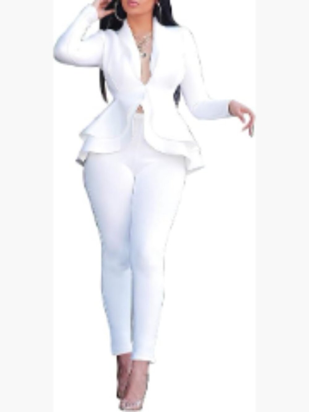 Long Sleeve Blazer and Pants Suit Set, Cotton Blend Polyester Spandex